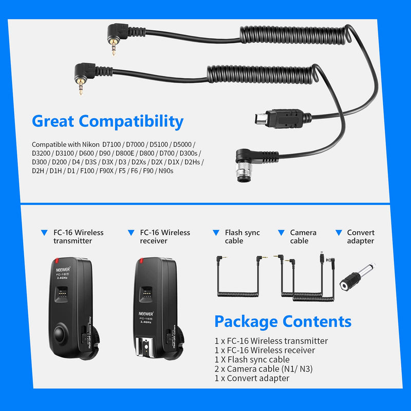 Neewer FC-16 Multi-Channel 2.4GHz 3-IN-1 Wireless Flash/Studio Flash Trigger with Remote Shutter for Nikon D7100 D7000 D5100 D5000 D3200 D3100 D600 D90 D800E D800 D700 D300S D300 D200 D4 D3S D3X D2Xs