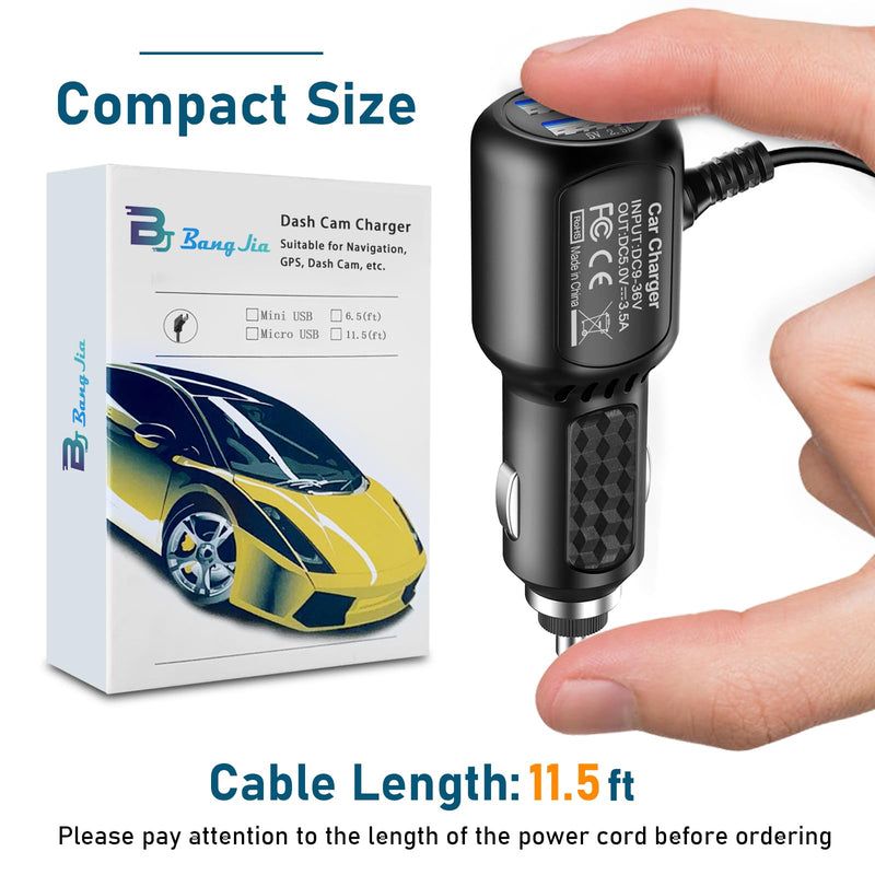 Dash Cam Charger Mini USB, Best Dual USB Charger, Compatible with Garmin,APEMAN, Rexing, Byakov, AKASO, Crosstour, Trekpow, Pruveeo, OldShark, Garmin and Most Other Dash Cam. (11.5FT)
