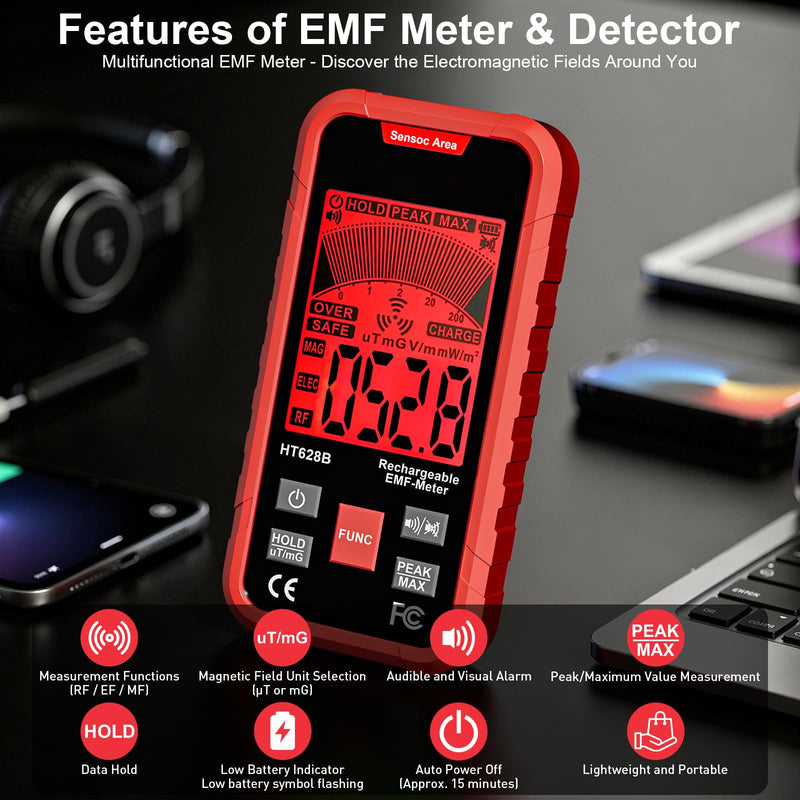 3-in-1 EMF Meter & Detector, Portable Rechargeable RF EF MF Tester with Sound & Light Alarm, for Home WiFi Signal & Electronics