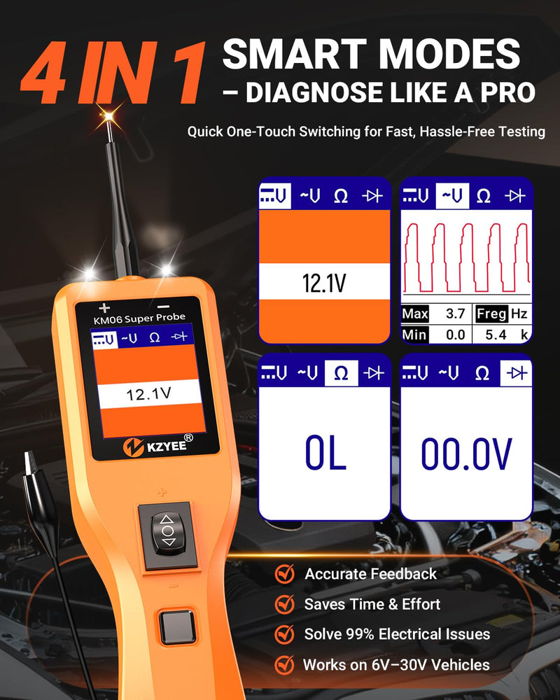 KZYEE KM06 Automotive Power Circuit Probe Tester 8-35V, All-in-One Electrical Diagnostic Tool with Component Activation, Short Circuit Finder, Wire Tracer & Trailer Light Tester for Cars, Trucks & RVs Amber Orange
