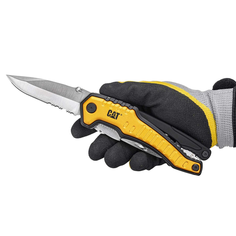 Caterpillar Multi Function Tool 9-in-1, X-Large, Long Nose Pliers, Wire Cutter, Knife, Bottle Opener, Screwdriver, Saw Blade, with Pouch - Yellow 980045 One Size