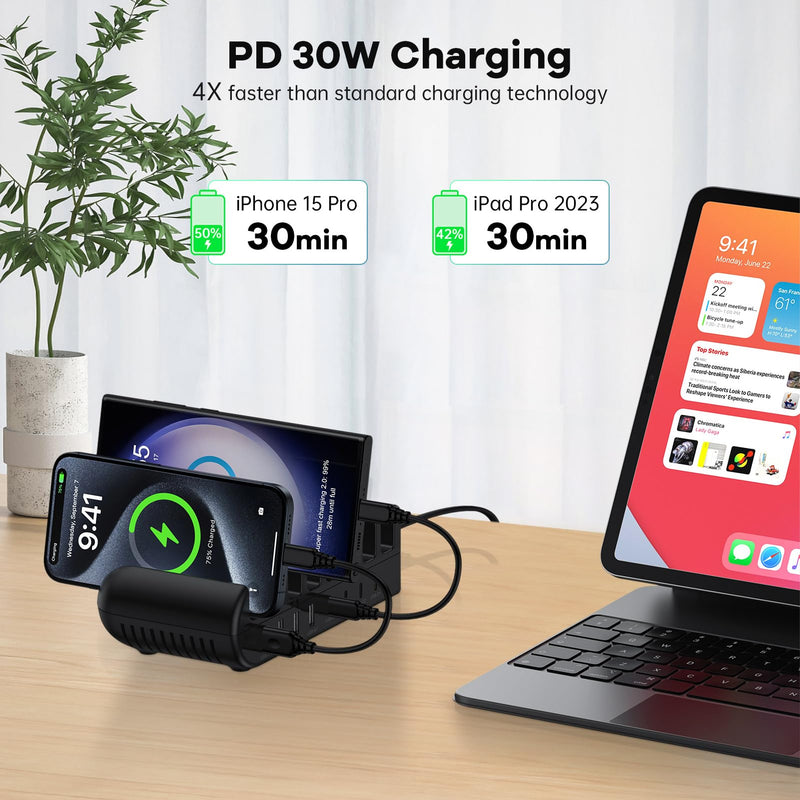 Samusng Charging Station, 65W 8 Ports Multi Charger Station USB Charging Dock for Multiple Devices for Samsung Galaxy S24 Ultra S23 FE S22 A15 5G A14, iPhone 15 Pro Max 14 13 12, Google Pixel 8a 7 Pro