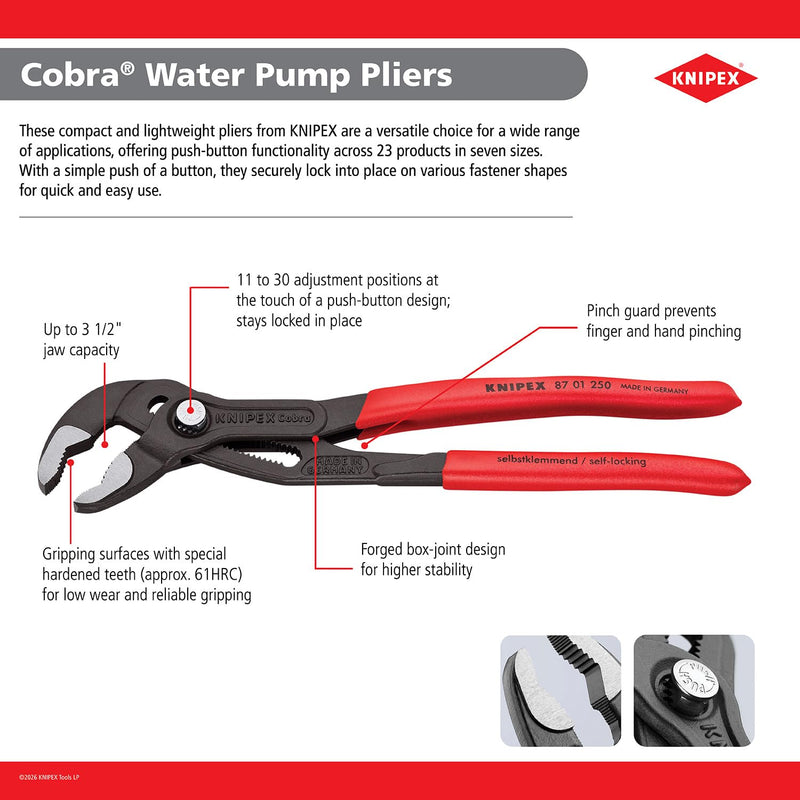 Knipex 87 22 250 10" Cobra QuickSet Hightech Comfort Grip Water Pump Pliers, Multi Component Grips 50mm Capacity, 250mm