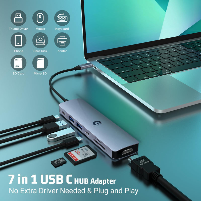 7 in 1 USB C HUB, HDMI Output, 100W Power Delivery, USB C 3.0, 2 x USB 3.0, SD and Micro SD Card Reader, Compatible for USB C Laptops Dell XPS/HP/Surface and More