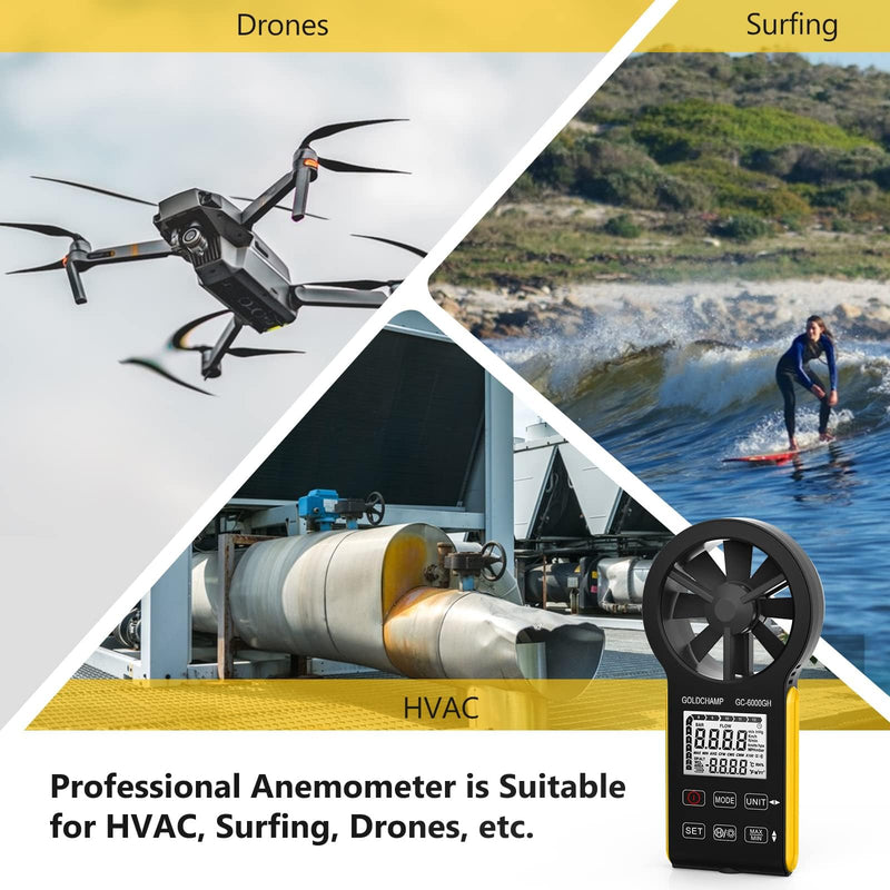 Digital Anemometer, CFM Rechargeable & Waterproof Anemometer Measures Wind Speed (0.3~30 m/s), Air Volume (0-999900 ft3/min) Touch Screen, Backlight Display for HVAC, Shooting