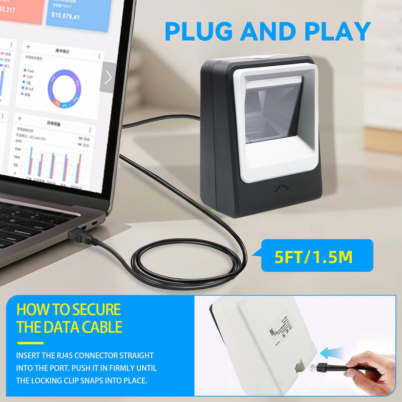 Handsfree Omnidirectional Desktop Barcode Scanner with USB Cable, 1D 2D QR Image Sensing, Plug and Play Barcode Reader for Warehouse Supermarket Retail Store