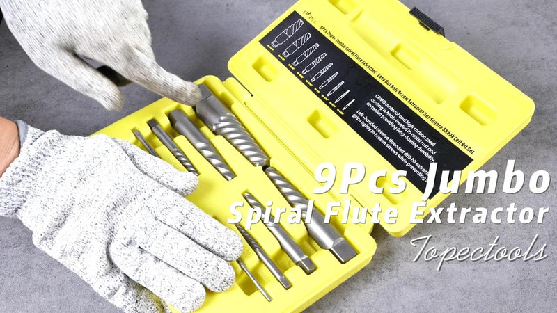 Topec 9 Piece Jumbo Spiral Flute Extractor -Easy Out Bolt Screw Extractor Set Square Shank Reverse Bit Set for Removing Broken Screws, Bolts, and Studs with Reverse Drill Bit Extractor Set