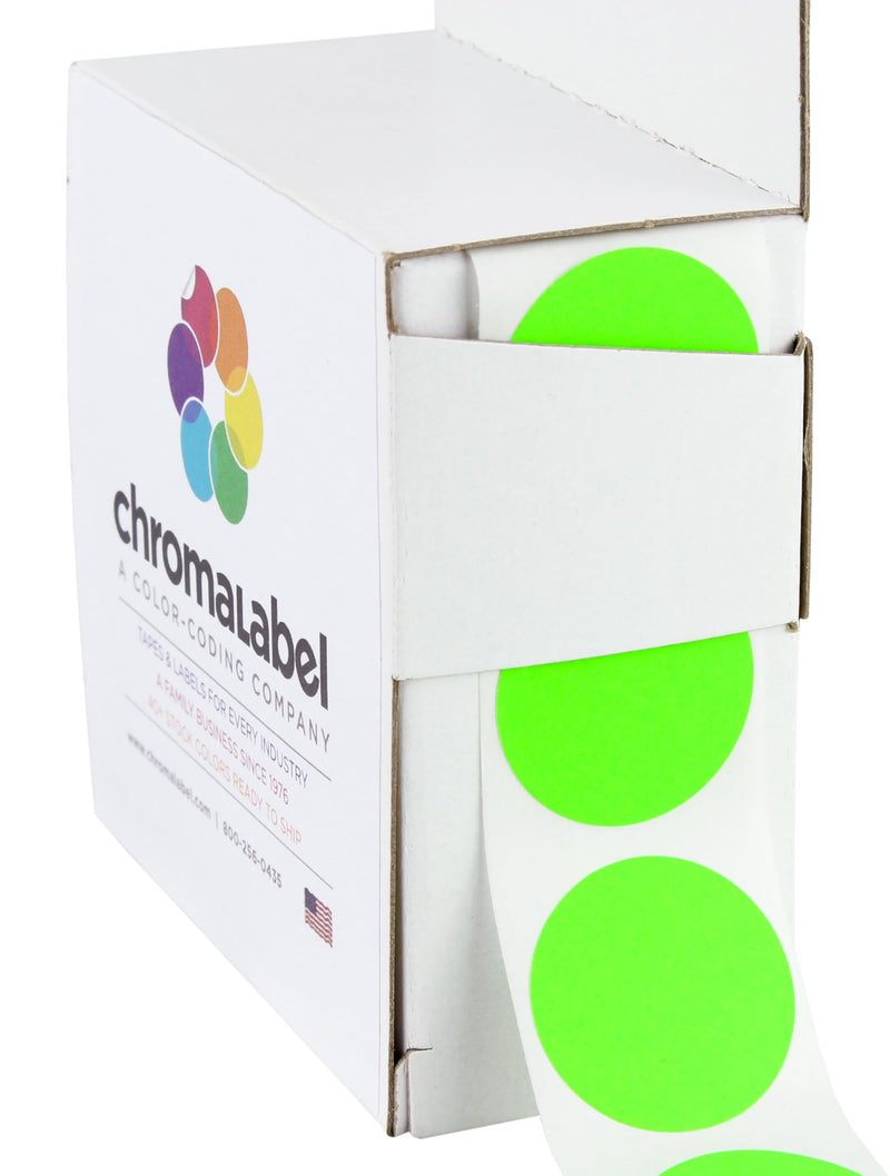 ChromaLabel 1 Inch Round Label Permanent Color Code Dot Stickers, 1000 Labels per Dispenser Box, Fluorescent Green