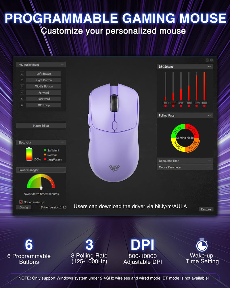 AULA SC580X Wireless Gaming Mouse, Tri-Mode 2.4G/BT5.0/USB-C Gaming Mouse, 10000 DPI Rechargeable Wireless Mouse with 6 Programmable Buttons, Ergonomic Computer Mouse for Laptop/PC/Mac/Tablet Light purple