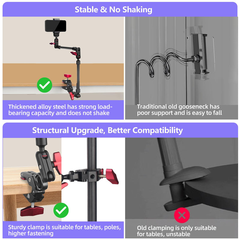 22" Magic Arm w Clamp Camera Mount, Overhead Phone Mount w Dual Ball Head Articulating Mic Boom Arm, 3/8" 5/8" Screw Adapters, Adjustable Camera Desk Mount Stand for Webcam Tripod Light Video Rig