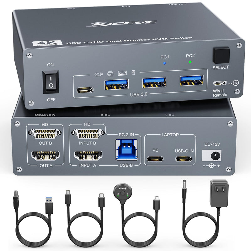 KCEVE KVM Switch 2 Monitors 2 Computers USB C HDMI, Dual Monitor USB 3.0 USB Typc C KVM Switcher Supports 4K@60Hz for 2 Computers Share Keyboard, Mouse and Monitor 2x2 KVM Switch HDMI + USB C