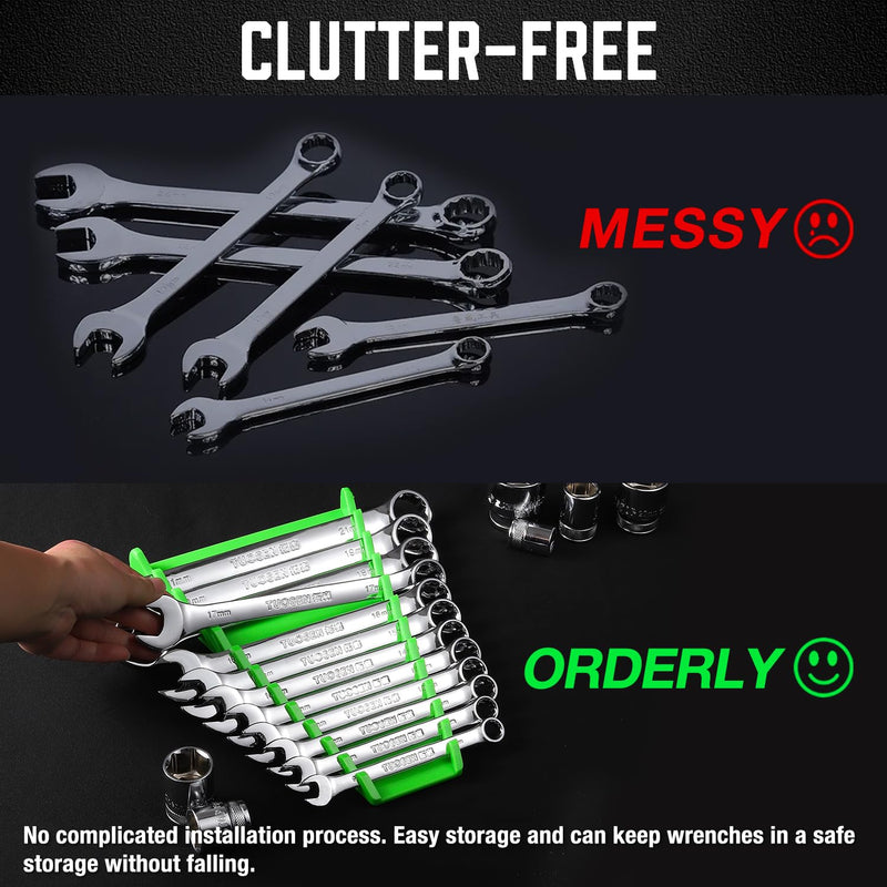 ALOANES 96-Slot ABS Plastic Wrench Organizer, Standard Hanging Wrench Organizer for Tool Box and Wall, Fit SAE & Metric Wrench Storage, 6 Pack Lightweight Wrench Holder(Green) Green 12.5" x 7.4" x 1.2"