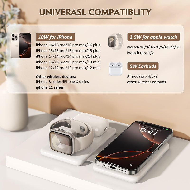 Magnetic Wireless Charger for iPhone: 3 in 1 Travel Charging Station for Apple Devices for iPhone 16 15 14 13 12 Pro Max Plus - Foldable Charging Pad for Apple Watch Series & Airpods 3 2 Pro White