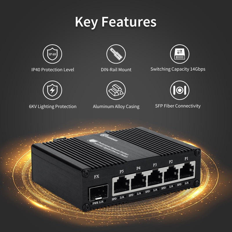 6 Port Unmanaged Ethernet Network Switch with 5* 10/100/1000 Base-T Ports, 1*1000Base-X SFP Port, 14Gbps Switching Capacity, Plug and Play, Din Rail Mount or Wall Mounts, Support 110~220V AC