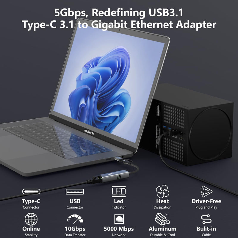 USB to Ethernet Adapter 5Gbps, Aluminum Driver Free USB-C to RJ45 5000Mbps Gigabit Ethernet LAN Network Adapter for iPhone 17/16,iPad,Galaxy,Switch,Laptop,PC, MacBook,Windows,MacOS,Linux 5Gbps USB-C/USB 3.0 to Ethernet Adapter