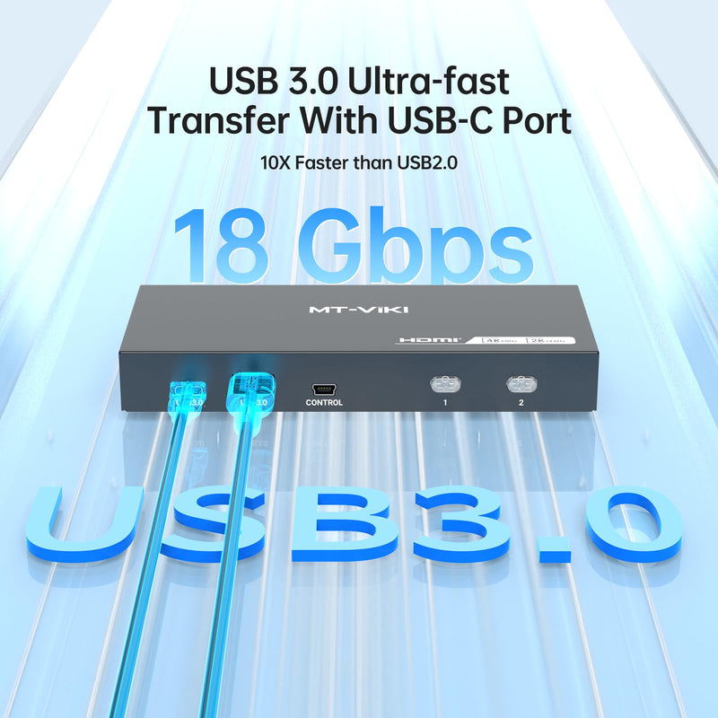 MT-VIKI USB 3.0 KVM Switch HDMI, (3 USB-A+ 1 USB-C), 4K@60Hz/2K@144Hz KVM Switcher, 2 Computers 1 Monitor KVM with 4 USB 3.0 Port