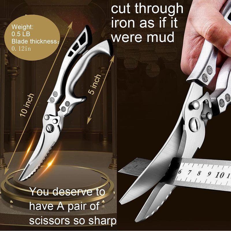 ANDONG Upgrade Heavy Duty Stainless Steel Kitchen Scissors - Professional Poultry Shears for Bone, Meat, Chicken, Fish, Turkey, Vegetables,Spring Loaded Multipurpose Ultra Sharp Utility Scissors Silver + Brown