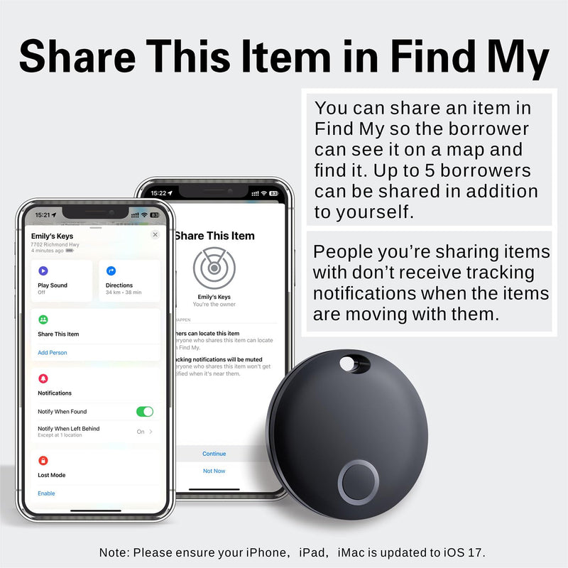 Reyke Smart Tag, Bluetooth Luggage Tracker. Works with Apple Find My (iOS Only), Item Locator for Key, Luggage, Backpack, Wallet, IP67 Waterproof, 2 Pack- Black