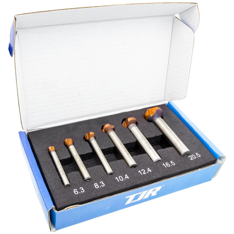 TJR® Countersink 90° Set of 6 Pieces 1/4", 1/3", 2/5", 1/2", 2/3", 4/5" HSS (4241) Coated, for chamfering. Tool Bits Set for Steel, Aluminum, Brass, Wood, Plastic (Coated in Carton Box) Coated in Carton Box