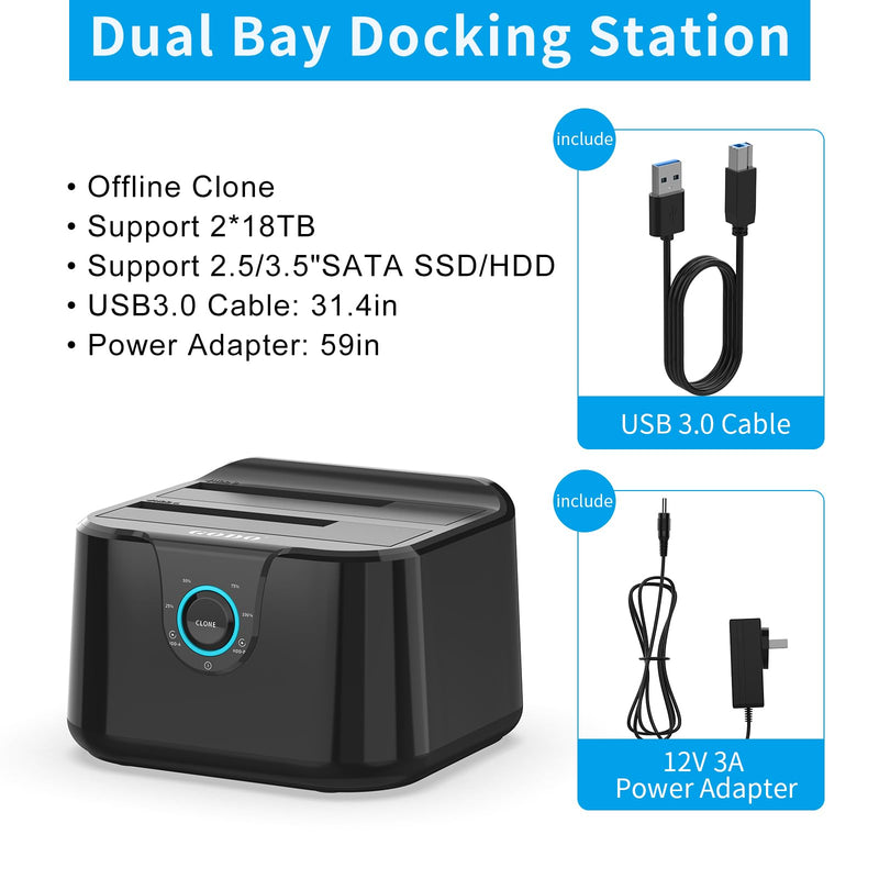 GODO USB 3.0 to SATA III Mini Dual Bay External Hard Drive Docking Station for 2.5/3.5 inch HDD SSD,Support Offline Clone,Hot Pluggable,UASP (5 Gbps) and Max 2 Bay-Black