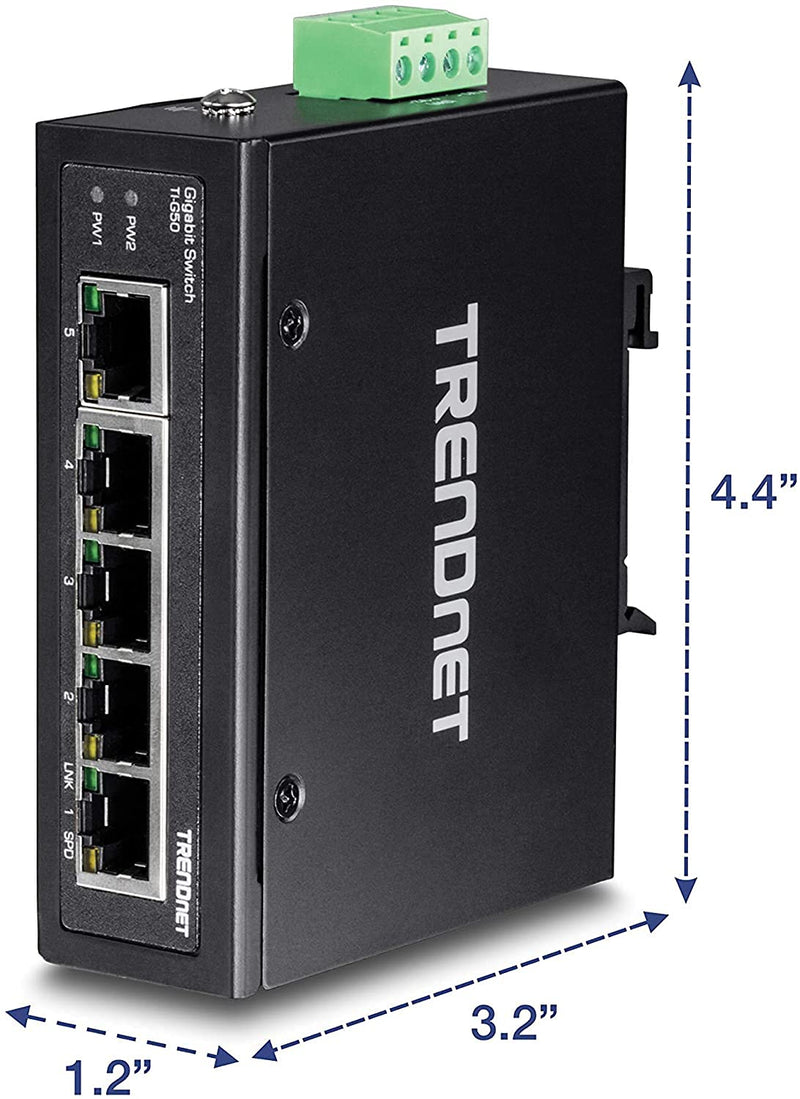 TRENDnet 5-Port Hardened Industrial Gigabit DIN-Rail Switch, 10 Gbps Switching Capacity, IP30 Rated Network Switch (-40 to 167 ºF), DIN-Rail and Wall Mounts Included, Lifetime Protection,Black,TI-G50 5 Port Switch