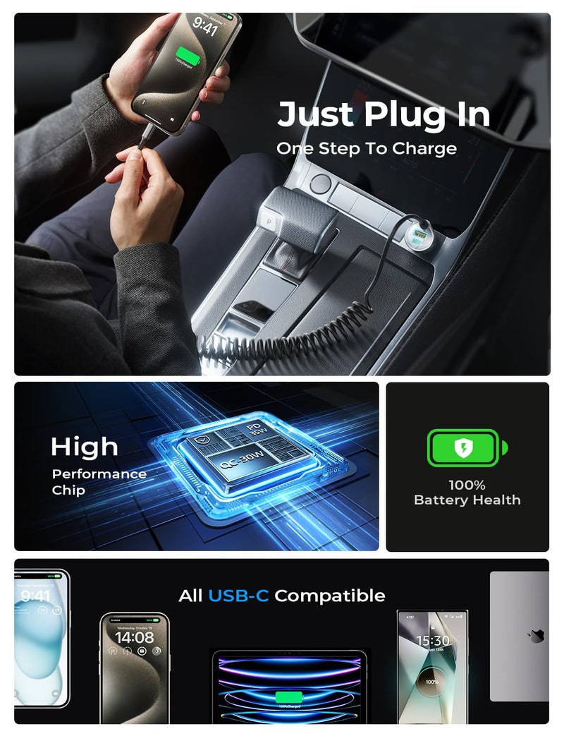 LISEN 65W USB C Car Charger Adapter Fast Charging 5Ft 30W USB C Coiled Cable fit iPhone 15 Charger Fast Charging Car Charger Type C,PD&QC3.0 Car Cigarette Lighter Charger for iPad Pro,Samsung,Android