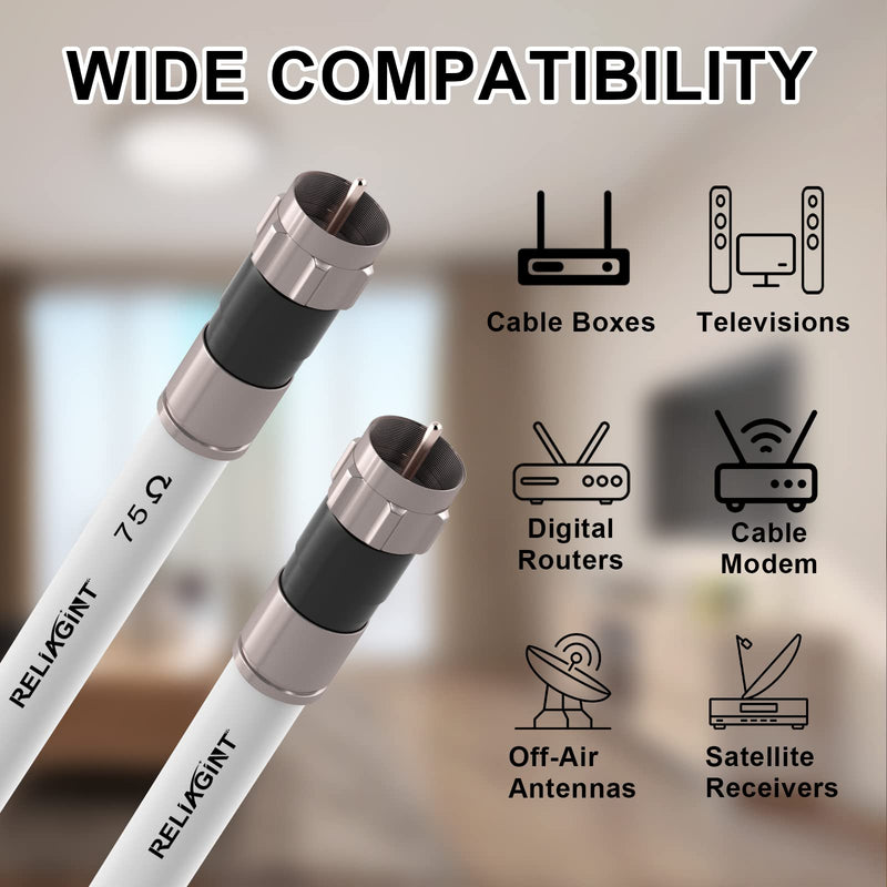 RELIAGINT 25ft, RG6 White Coaxial Cable with F Pin Connector, F81 Double Female Extension Adapter, Low Loss High Speed Coax Cable Cord Extender for HD TV, Dish,Satellite, Antenna, TV Cable 25' 25 FT