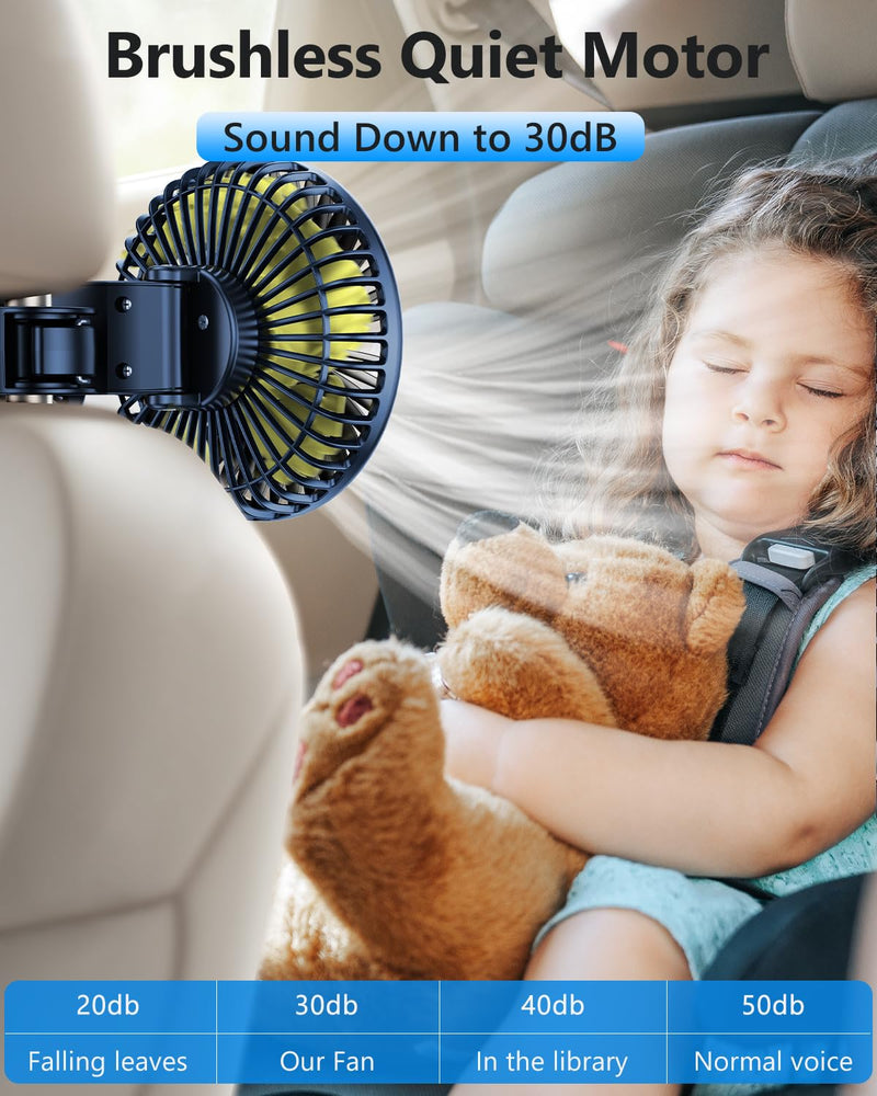 Dual Head Car Cooling Fans for Backseat kids with Long Arm, 2000mAh Battery Powered Rechargeable Car Back Seat Headrest Fan for Baby Rear Facing Summer Car Accessories for Sedan Suv Rv Truck Battery Powered-Long Arm