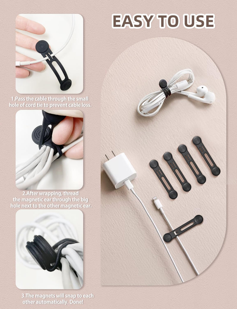 Magnetic Ties for Cords, Cord Wrap Silicone Zip Ties Twist Ties Magnet Strap for Smartphone Charger Earphone Video Game USB C Cables (8-Pack, Black) S-size