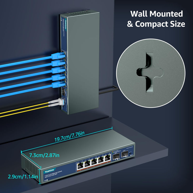 7 Port 2.5G Unmanaged Ethernet Switch, 5 x 2.5G Base-T Ports, 2 x 10G SFP, Compatible with 100/1000/2500Mbps, VLAN, Fanless, Desktop/Wall Mount YuanLey 2.5Gbe Network Switch for Wireless AP, NAS, PC 5 Port 2.5G + 2x 10G SFP+