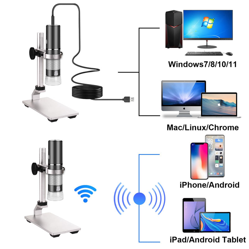 4K 3840x2160p WiFi Digital Microscope Camera with Adjustable Metal Stand, Wireless Portable Microscope for iPhone Android Phone and Windows Mac PC Gray