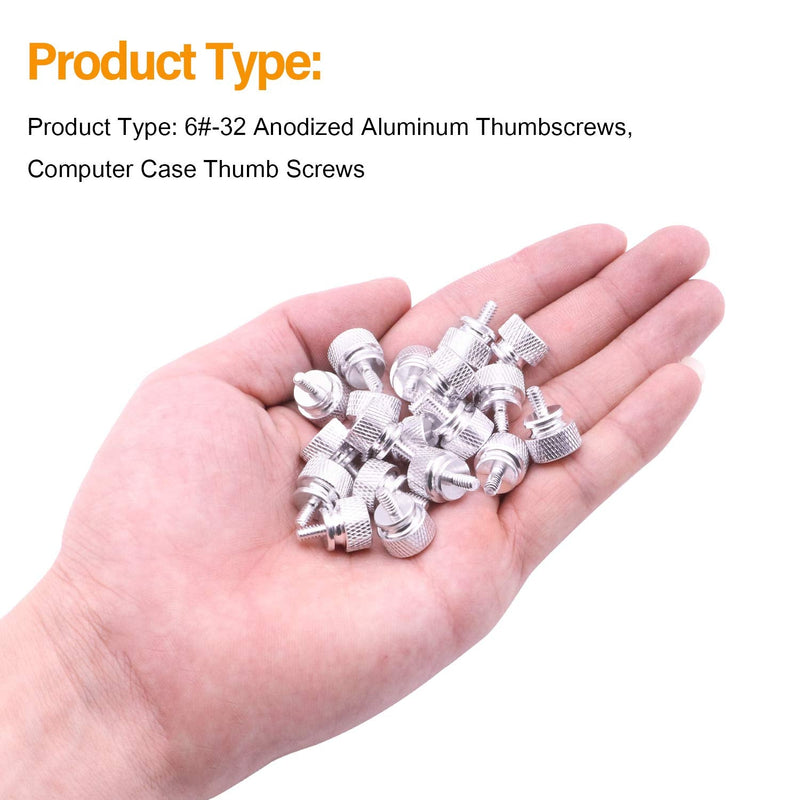 20 Pieces 6#-32 Computer Case Screws, Anodized Aluminum Thumbscrews, Fully Threaded Knurled Thumbscrews, Thumb Screws (Silver) Silver
