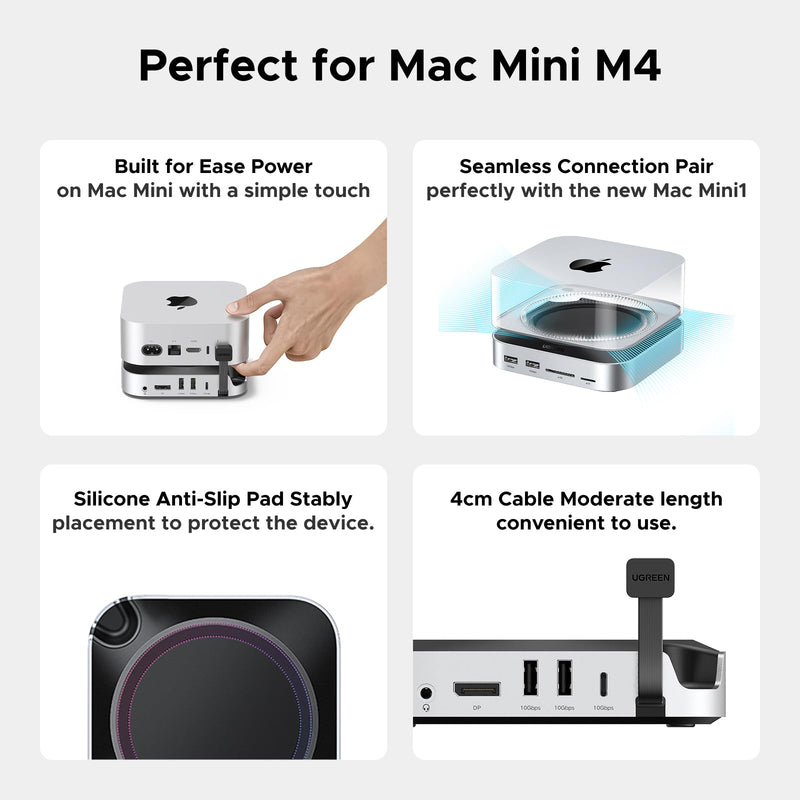 UGREEN Mac mini M4 Dock and Stand DP Hub for Mac mini M4 and M4 Pro 2024 with M.2 NVMe SSD Enclosure, 4K144Hz DP,10G USB A/C, SD/TF, Audio