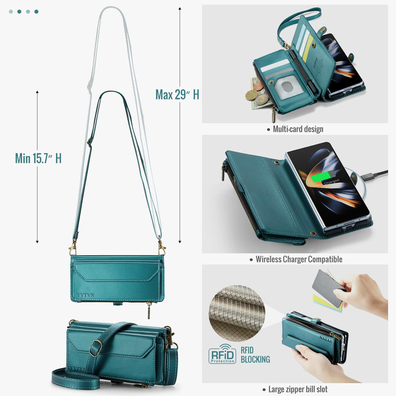for Samsung Galaxy Z Fold 4 Wallet Case with Zipper Card Holder & Crossbody Lanyard Strap & Wrist Strap, RFID Blocking PU Leather Magnetic Flip Handbag Purse Case for Galaxy Z Fold 4 -Green 024-Green
