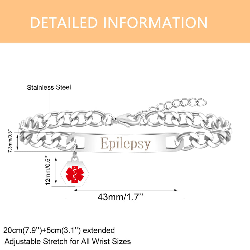 Uloveido Red Medical ID Bracelet | White/Black Cuban Chain Bracelets | Custom Medical Alarm Jewelry for Men Women | Waterproof Stainless Steel Bracelet YA5169 White Epilepsy