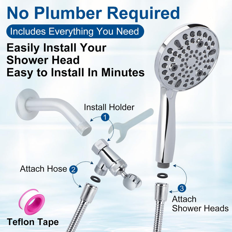 Shower Head with Handheld - All Metal Holder and Long Hose, High Pressure Built-in Power Wash to Clean Tub, Tile & Pets, Multi Mode Adjustment Showerhead Sprayer, Chrome 2.5 GPM Premium Chrome 2.5 Gallons Per Minute