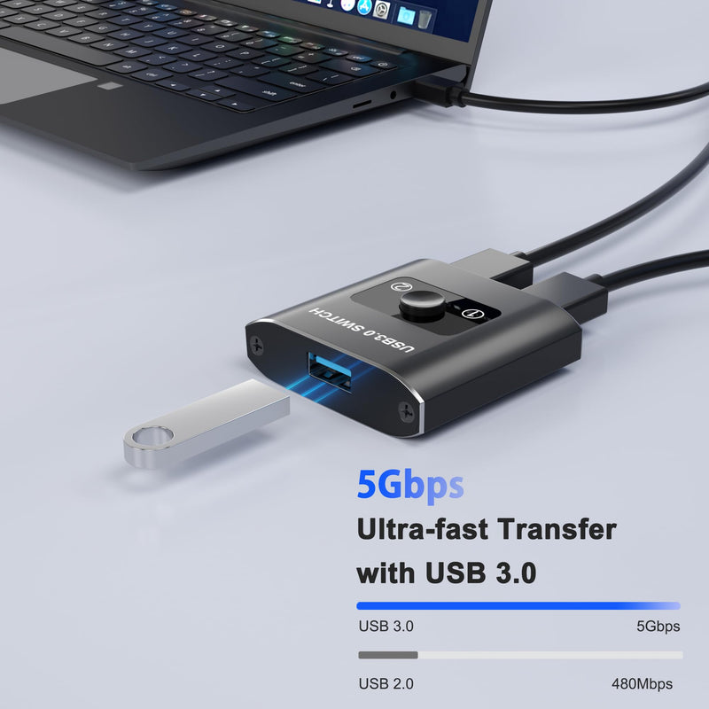 USB Switch, USB 3.0 Switch, Bi-Directional USB Switcher 2 in 1 Out/1 in 2 Out, Aluminum USB Switch 2 Computers Share 1 Device for Printer, Mouse, Keyboard, USB Sharing Switch with 2 USB 3.0 Cables