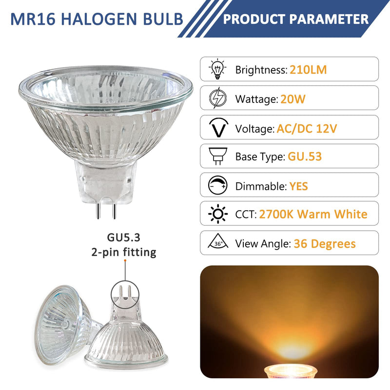 Caldarax Pack of 8 MR16 GU5.3 20W 12V Halogen Spotlights, Dimmable 2700K Warm White, 210LM, Halogen Reflector Light Bulb, GU5.3 Bi-Pin Base Spotlight 36° Beam Angle Mr16 Gu5.3 12v 20w