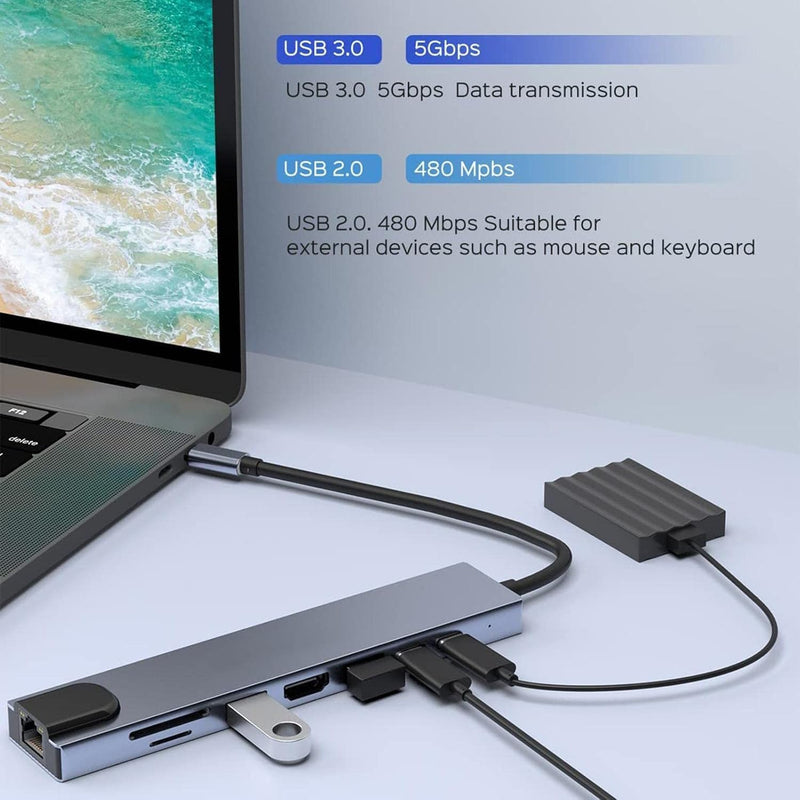 8-in-1 USB C Hub Adapter with HDMI 4K, Ethernet RJ45, USB 3.0, SD/TF Card Reader, PD Charging – Space Gray Multiport Docking Station for MacBook, Laptop, iPad, PC, USB-C Devices