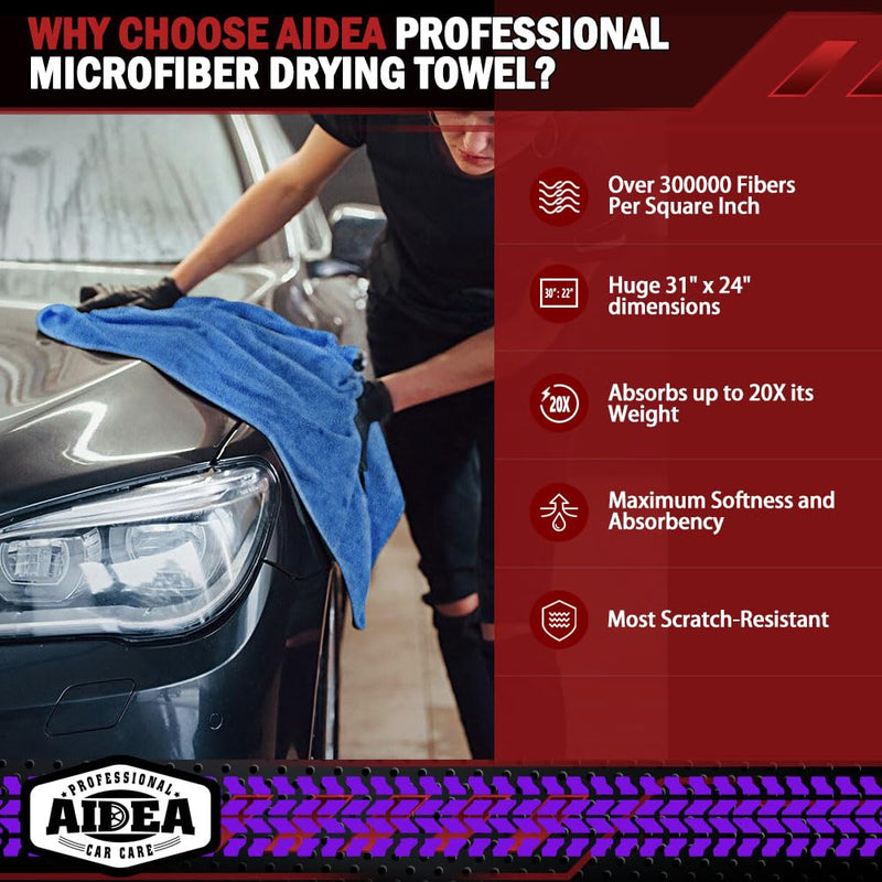 AIDEA Microfiber Towels for Cars-2PK, Large Professional Car Drying Towel, Scratch-Free, Strong Water Absorption Drying Towel for Cars, SUVs, RVs, Trucks, and Boats, 24inx 31in, Blue 2