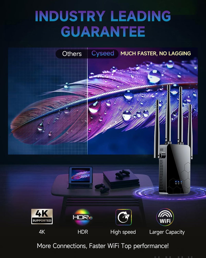 2025 WiFi Extender Internet Booster, 10000 Sq.ft Long Range Repeater Wireless Routers Amplifier, Mesh Wi-Fi 80% Faster | Broader Than Ever, Support More Network Devices at Home, 1-Tap Setup black