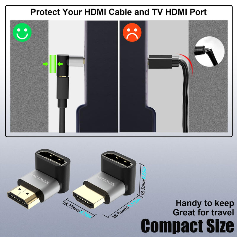 VCELINK 8K@60Hz HDMI Right Angle Adapter, 90 Degree and 270 Degree HDMI Adapter Male to Female, HDMI 2.1 Cable Adapter with 4K@120Hz, HDR, eARC for for HDTV Switch Laptop PS4 PS5 Xbox, 2-Pack