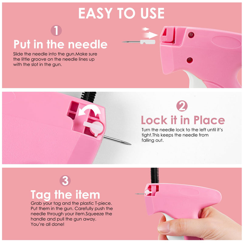 Handheld Stitch Tag Gun for Clothes, Quick Clothing Fixer, Tagging, Sewing Kit Includes 6 Needle, 1000 Black Fasteners & 1000 White Fasteners, Pink