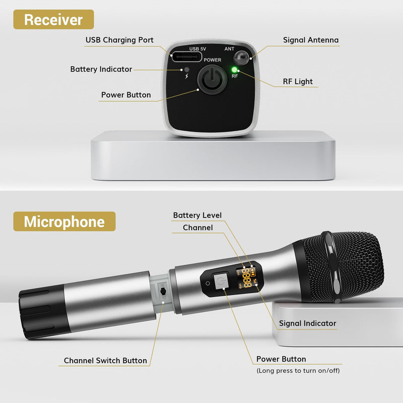 TONOR Wireless Microphones, UHF Dual Cordless Metal Dynamic Mic System with Rechargeable Receiver, for Karaoke Singing, Wedding, DJ, Party, Speech, Church, Class Use, 200ft TW630 Silver