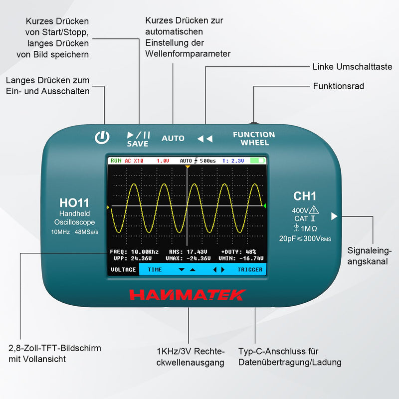 HANMATEK HO11 Handheld Digital Oscilloscope | 10 MHz bandwidth, 48 MSa/s sampling rate, 2.8 inch TFT display, USB rechargeable, practical trigger system for field work HO11 10MHz