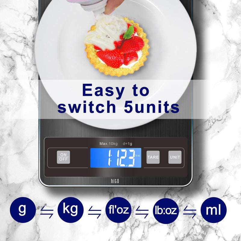 hito Food Scale 33lb Digital Kitchen Scale Rechargeable Waterproof Weight Grams and oz 1g/0.1oz Precise, for Weight Loss, Cooking and Baking, Black Grey 33lbs charging/ battery