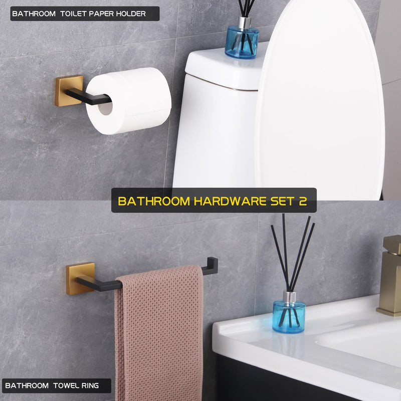 GERZWY Bathroom 2-Piece Hardware Accessories Toilet Paper Holder and Towel Ring Wall Mounted (Black & Gold) IG1856-2BD Black & Gold
