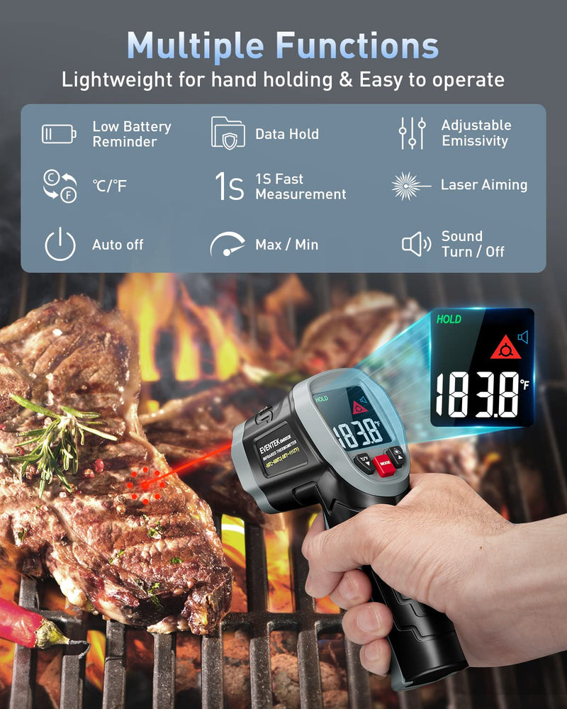Eventek Infrared Thermometer, [3 in 1] -50°C～600°C (-58°F~1112°F), IR Pyrometer Non-Contact Digital Laser Temperature Meter with Meat Thermometer & Bag, for Kitchen/Barbecue/Industry