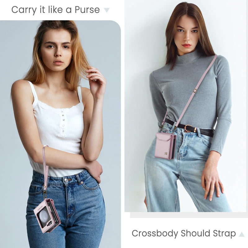 ASAPDOS Samsung Galaxy Z Flip 5 Crossbody Case,Retro PU Leather Strap Wristlet Flip Case with Magnetic Closure and Card Holder for Men Women Rose Gold