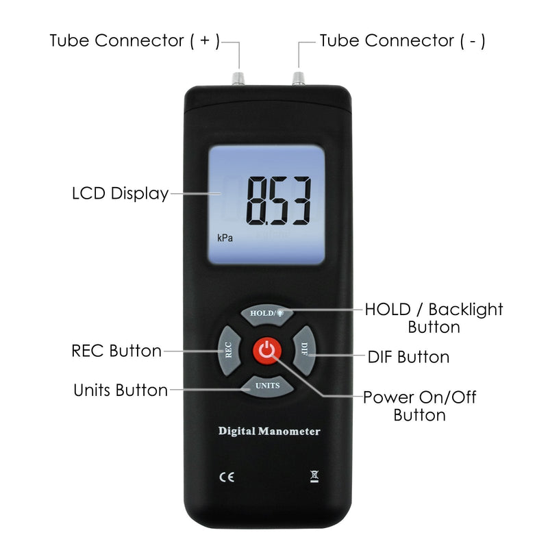 Professional Digital Pressure Gauge, Portable Handheld Air Vacuum/Gas Pressure Gauge 11 Units with Backlight, ±13.78kPa ±2PSI, Suitable for Differential Pressure of 1-2 Pipes, Ventilation, etc 11 Units of Measurement